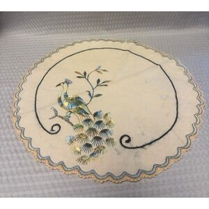 Vintage 12 in Linen Doily Blue Green Embroidered Peacock Handmade 1930-1950